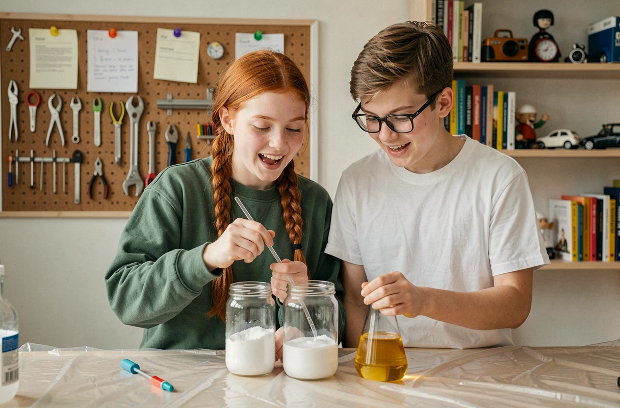 Deux adolescents de 14 ans réalisant une expérience scientifique DIY dans un bureau à la maison