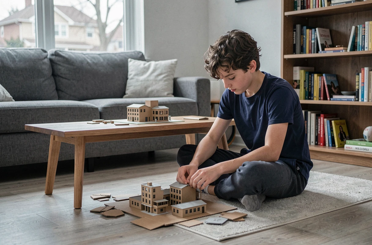 Adolescent de 14 ans construisant une maquette d'architecture dans un salon moderne