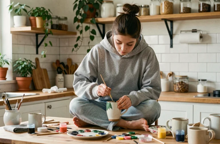 Adolescente de 14 ans faisant de la peinture sur céramique dans une cuisine avec des fournitures créatives