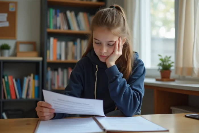 Adolescente examinant son bulletin scolaire avec une moyenne de 13 sur 20 dans sa chambre