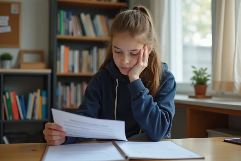 Adolescente examinant son bulletin scolaire avec une moyenne de 13 sur 20 dans sa chambre
