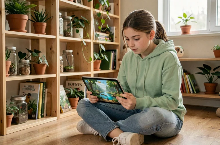 Adolescente jouant à un jeu éducatif sur l'écologie via une tablette dans sa chambre décorée de plantes