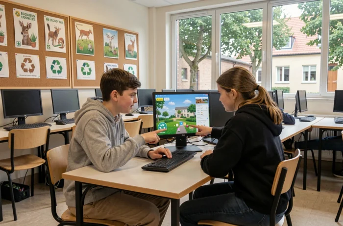 Deux adolescents collaborant sur un jeu éducatif en ligne sur l'écologie dans une salle informatique scolaire
