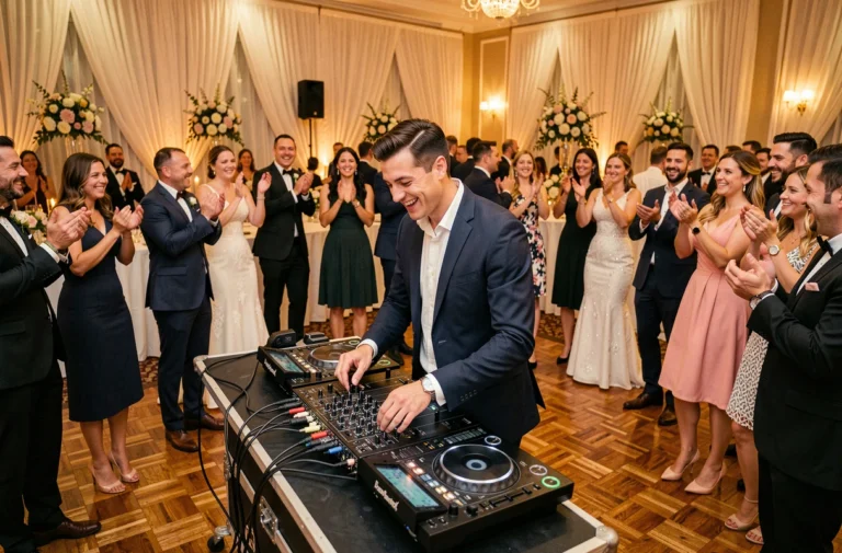 DJ professionnel animant une piste de danse lors d'une réception de mariage élégante en salle de bal