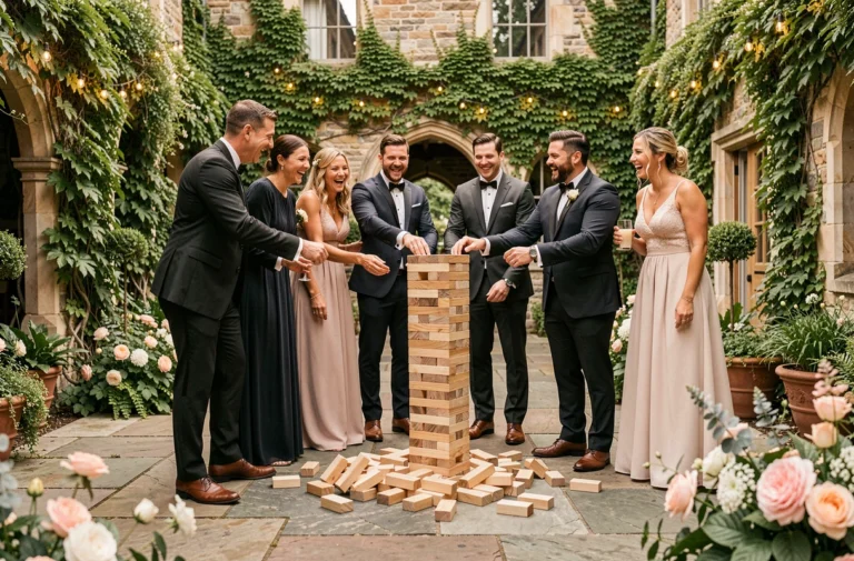 Groupe d'invités de mariage jouant au Jenga géant dans une cour extérieure décorée de fleurs et de verdure lors d'une réception festive
