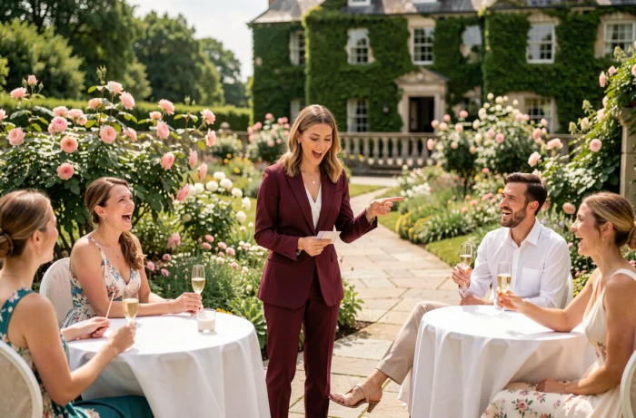 Magicienne réalisant un tour de cartes pour des invités lors d'un cocktail de mariage en terrasse jardin