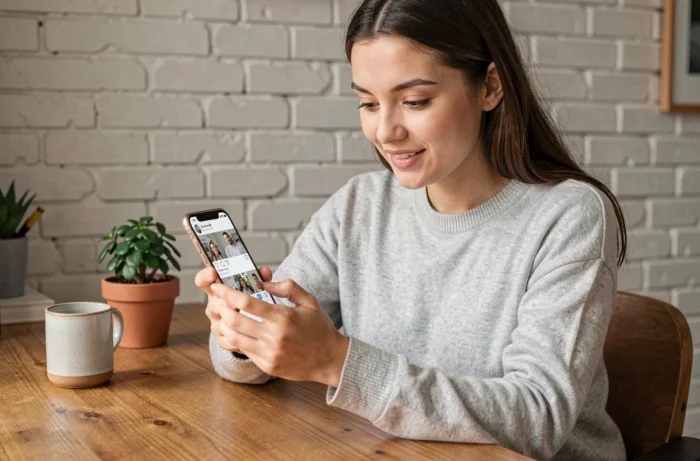 Jeune femme débutante qui apprend à utiliser Instagram sur son smartphone depuis son bureau à domicile