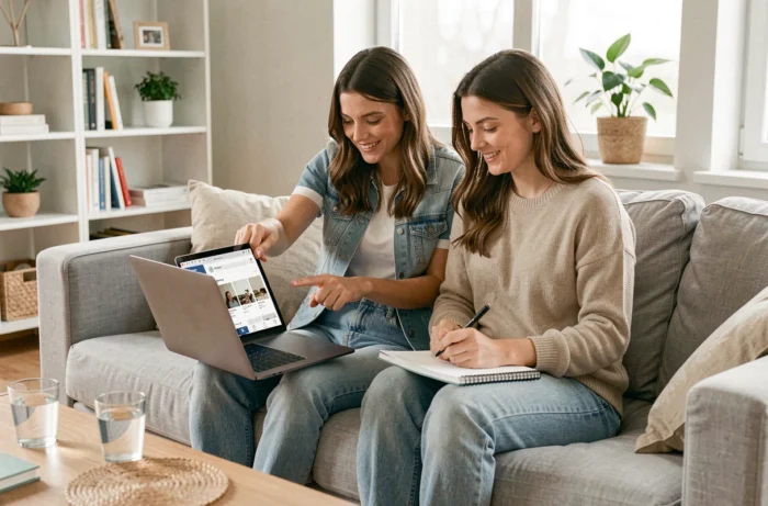 Two women learning together to use Instagram through a tutorial on a laptop in a modern living room
