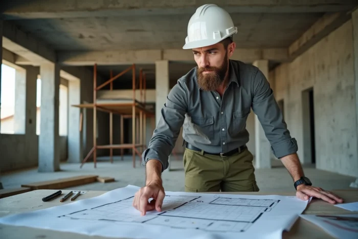 Architecte examinant des plans d'accessibilité PMR sur un chantier de construction