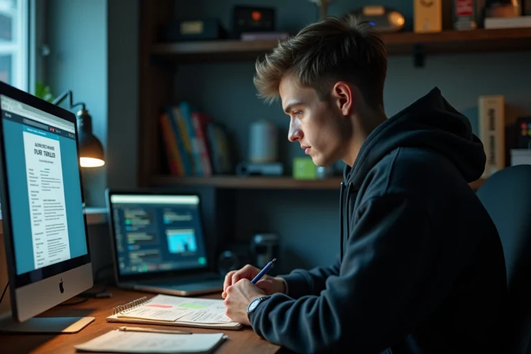 Jeune homme consultant une archive de forum jeuxvideo.com sur son ordinateur portable dans un bureau home office rétro gaming