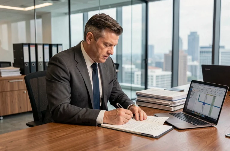 Avocat d'affaires en costume gris examinant un contrat juridique dans un bureau moderne avec vue sur la ville, obligations légales entreprises B2B 2024