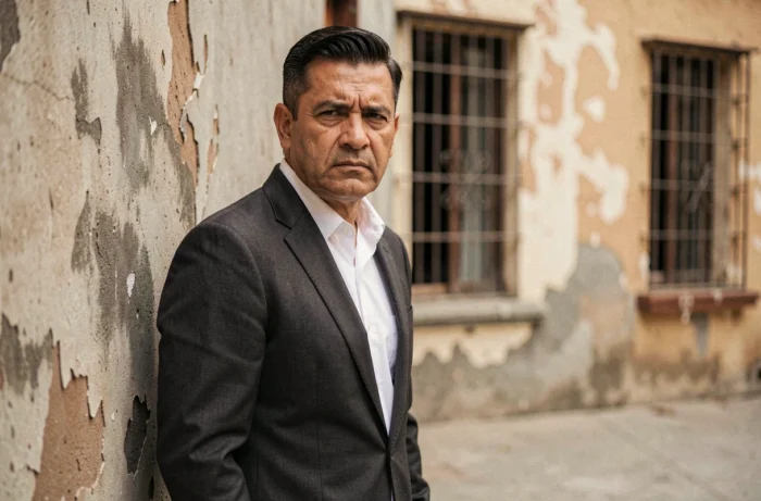 Portrait d'un baron de la drogue mexicain en costume sombre dans une cour urbaine de Mexico, ambiance documentaire