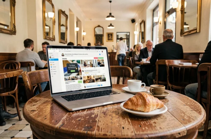 Ordinateur portable affichant un blog sur les chatbots posé sur une table de café français avec un espresso et un croissant