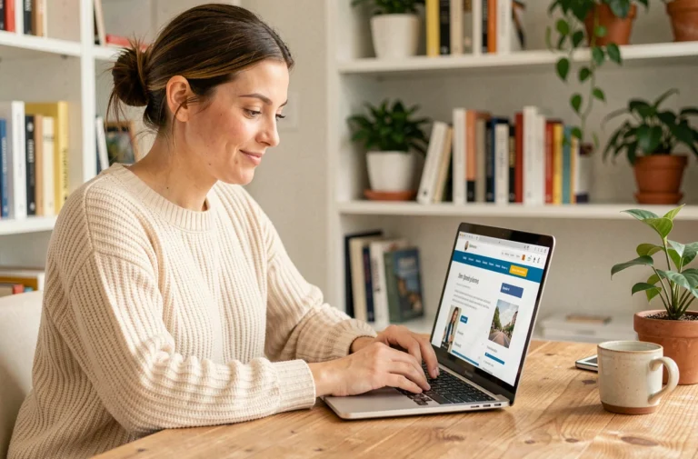 Blogueuse explorant le plan de son site web sur un ordinateur portable dans un bureau cosy à la maison