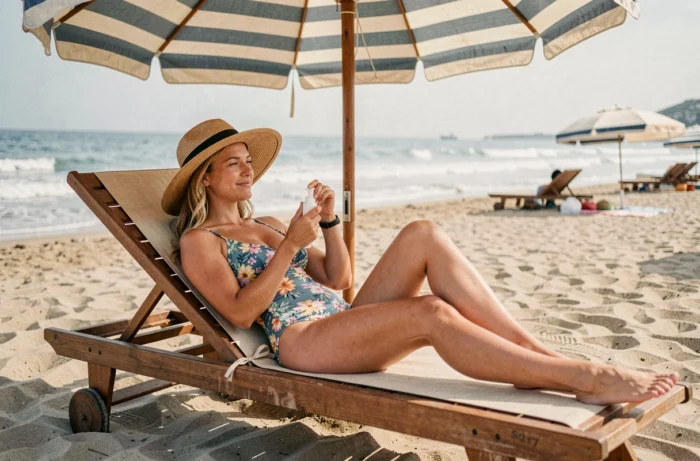 Femme appliquant de la crème solaire allongée sous un parasol rayé sur une plage de sable méditerranéenne