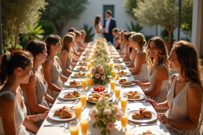 Les mariés et leurs invités savourent un brunch convivial le lendemain du mariage dans un jardin ensoleillé