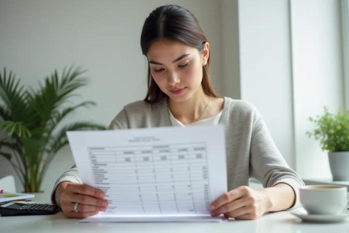 Une femme analyse attentivement un tableau budgétaire de mariage avant de visiter des lieux de réception