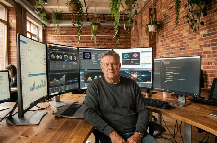 Homme cadre tech concentré devant plusieurs écrans affichant des interfaces d'intelligence artificielle dans un bureau moderne