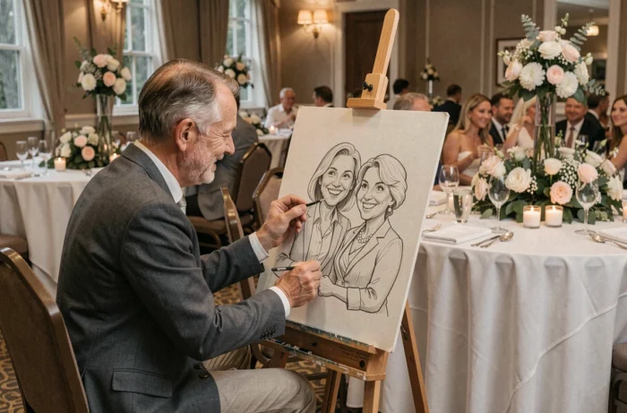 Caricaturiste dessinant le portrait de deux invités souriants lors d'une réception de mariage dans une salle de banquet élégante