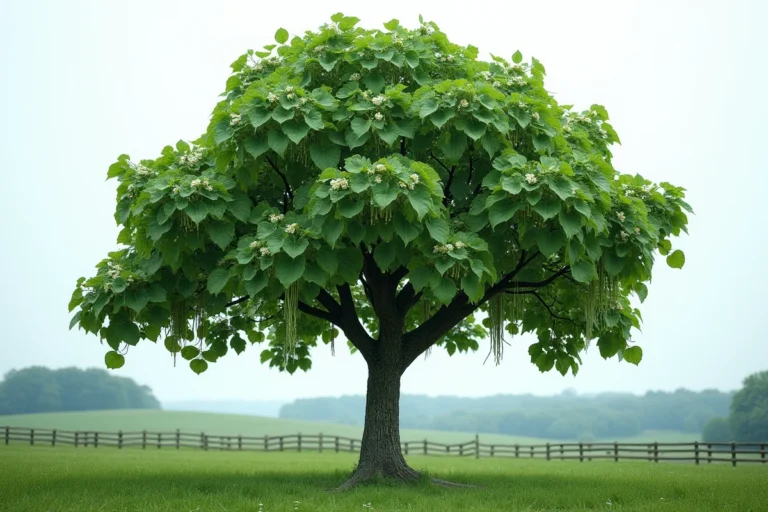 Catalpa majestueux en pleine campagne avec ses grandes feuilles en cœur, ses fleurs blanches et ses longues gousses caractéristiques