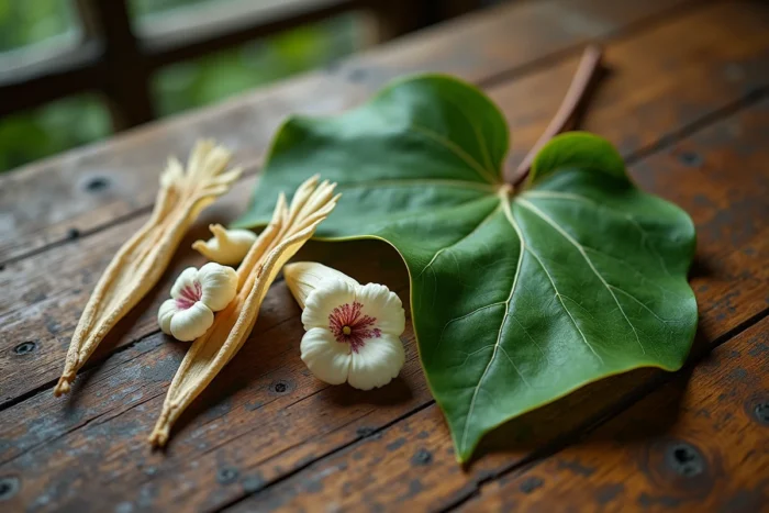 Détail botanique des feuilles, fleurs et gousses du catalpa arbre posés sur une surface en bois rustique