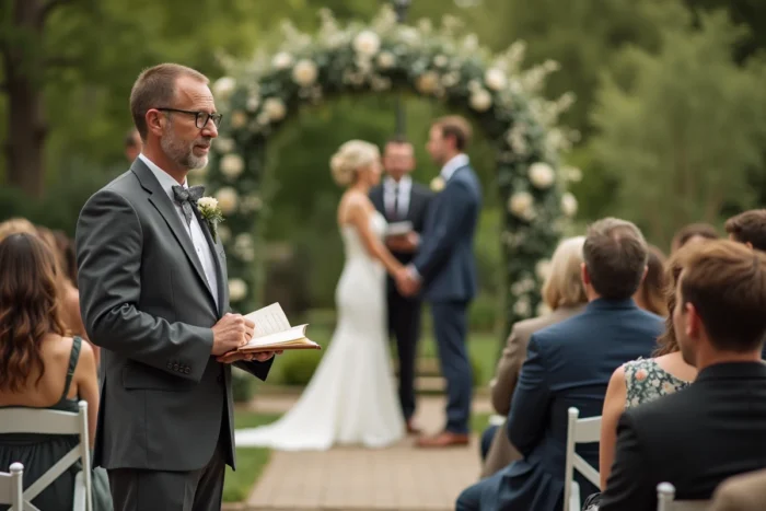 Un officiant de cérémonie laïque lit un discours préparé devant les mariés et leurs invités dans un jardin