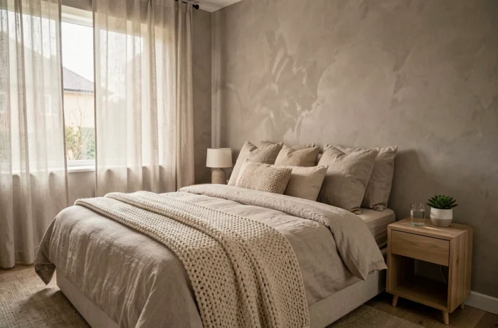 Chambre principale moderne et apaisante avec literie en lin naturel, décoration minimaliste et ambiance cocooning