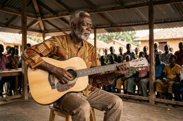 Chanteur congolais jouant de la guitare sur une scène en plein air, illustrant l'héritage musical et culturel de la rumba congolaise de Papa Wemba