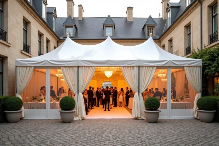 Grand chapiteau blanc élégant installé dans une cour parisienne pour une réception formelle