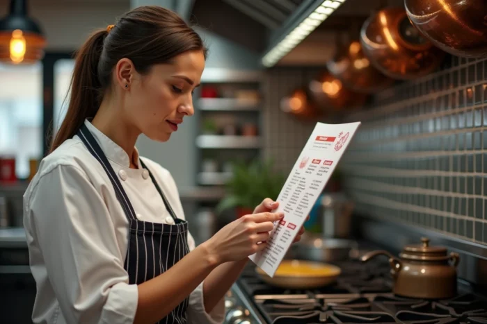 Cheffe cuisinière consultant un guide de sécurité incendie dans une cuisine professionnelle de restaurant