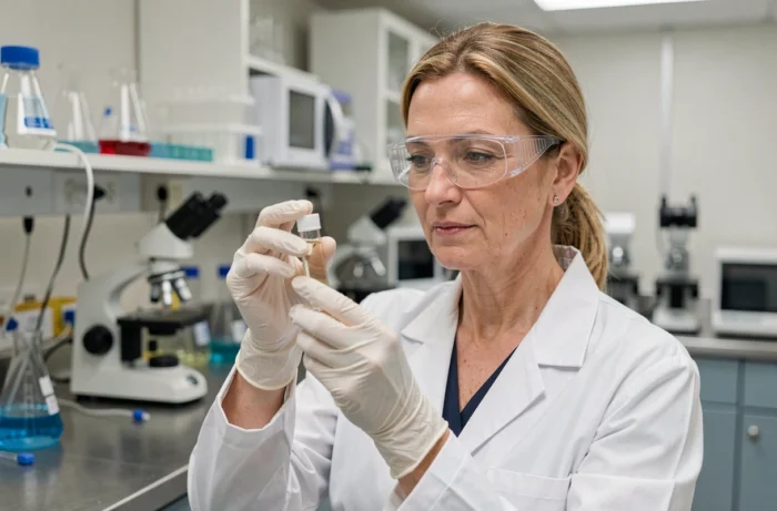 Chercheuse scientifique examinant un flacon dans un laboratoire médical moderne pour une innovation en santé