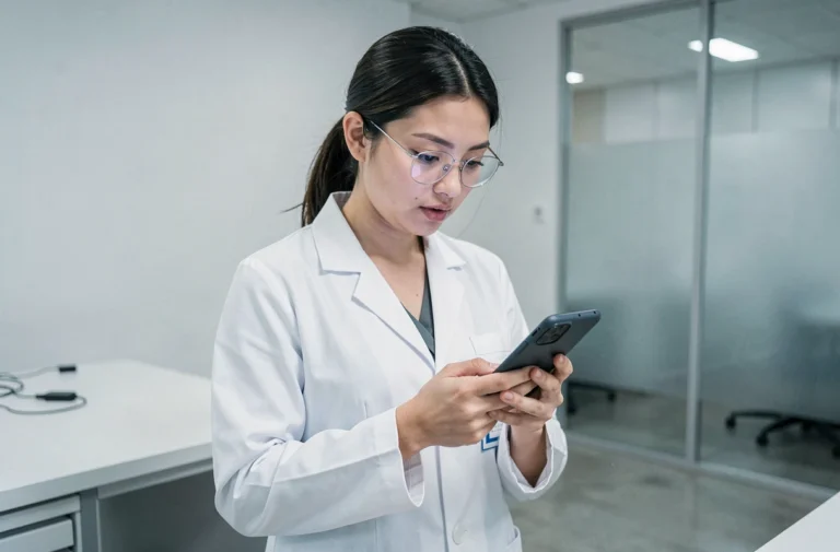Femme chercheuse en blouse blanche inspectant un smartphone pliable dans un laboratoire tech moderne et minimaliste