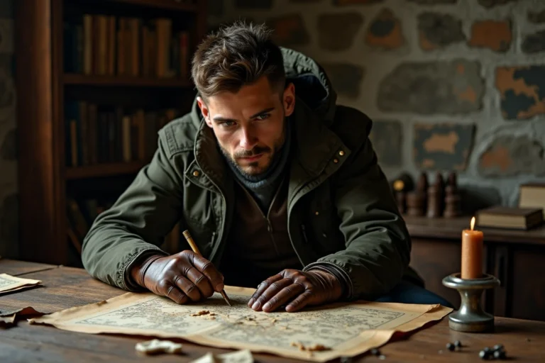 Personnage masculin étudiant des cartes et notes dans un bureau en pierre évoquant l'univers de Clair Obscur