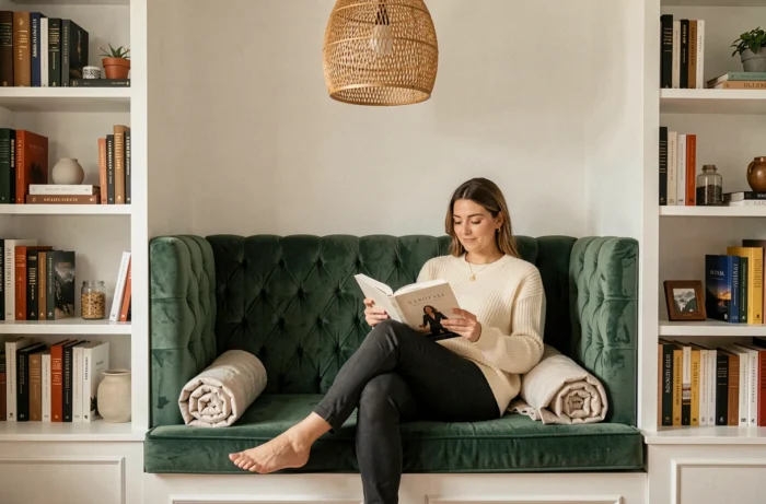 Femme lisant dans un coin lecture cosy avec banquette en velours vert, bibliothèque intégrée et décoration naturelle