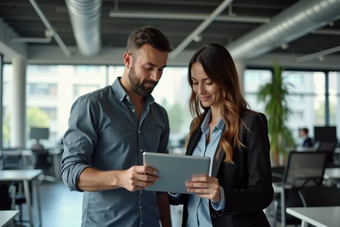 Deux collègues analysant des données financières sur une tablette dans un espace de travail collaboratif moderne