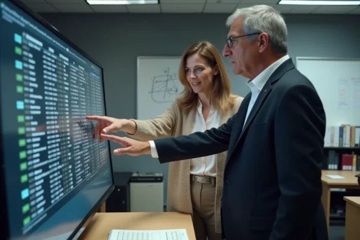 Deux collègues analysant une base de données avec des codes administratifs APRM sur un écran de bureau professionnel