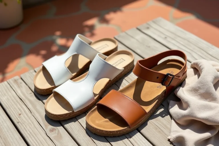 Comparatif de sandales minimalistes blanches et sandales à semelle liège sur terrasse méditerranéenne en été