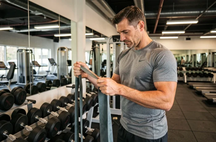 Homme comparant des équipements de musculation dans une salle de sport professionnelle