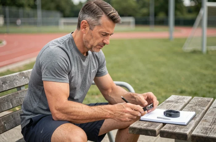 Homem comparando relógios conectados de esporte do lado de fora de um complexo esportivo