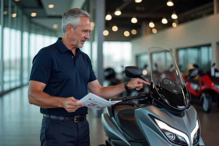 Vendeur de concession présentant le Yamaha TMAX 750 avec une brochure de tarif dans un showroom moderne