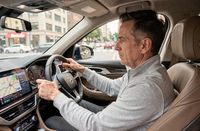 Un homme consultant les actualités automobiles en temps réel sur l'écran tactile de son véhicule
