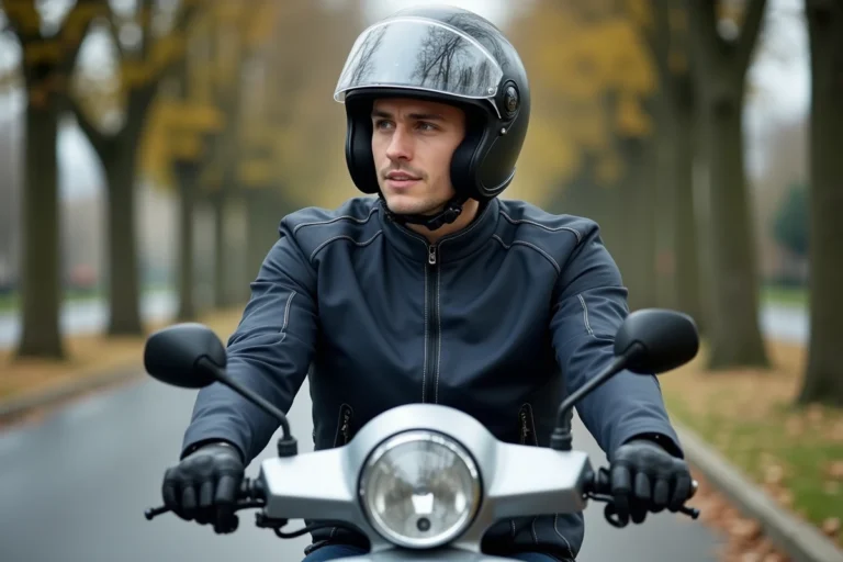 Jeune homme en blouson et casque intégral sur un scooter 250 cm3 dans une rue française