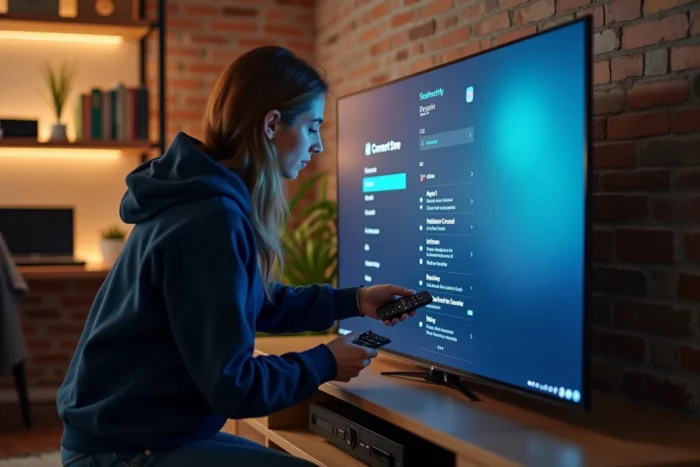 Femme configurant les paramètres d'application sur une Smart TV LG avec la télécommande Magic Remote