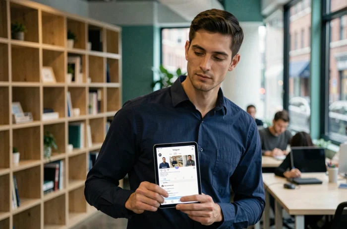 Man learning to set up his Instagram profile on a tablet in a modern coworking space