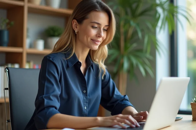 Femme professionnelle connectée à sa messagerie PIA Amiens sur un ordinateur portable dans un bureau à domicile
