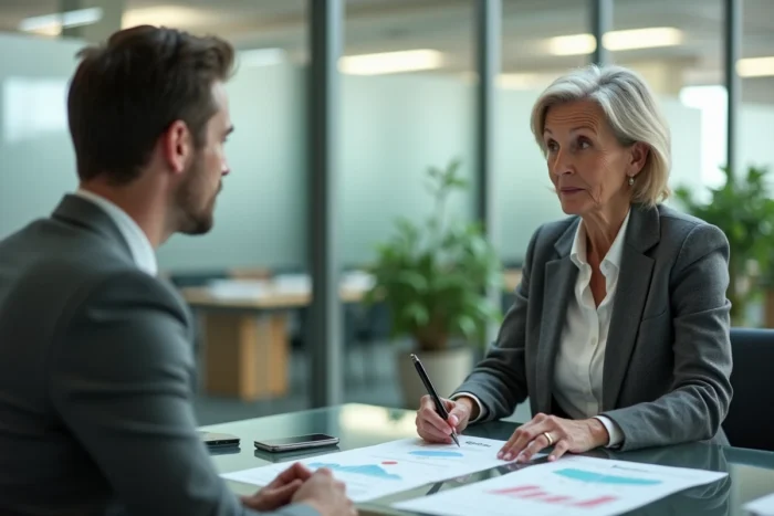 Femme en réunion avec un conseiller retraite pour optimiser ses trimestres de carrière longue