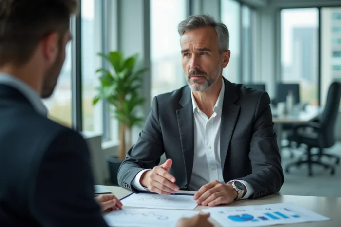 Conseiller financier expliquant les modalités de remboursement d'un prêt immobilier à un client