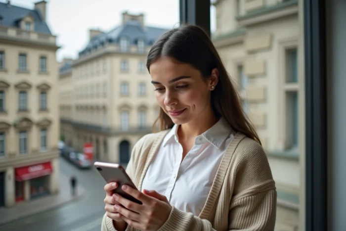 Jeune femme consultant sa messagerie PIA Amiens sur smartphone avec vue sur la ville en arrière-plan