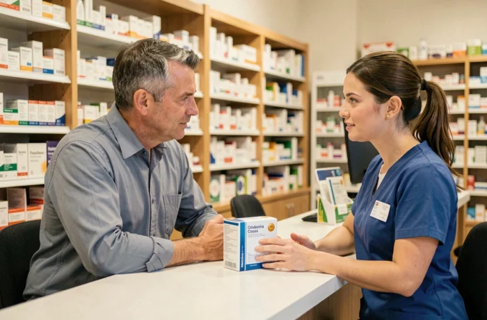 Un homme discutant avec une pharmacienne dans une pharmacie moderne lors d'une consultation médicale