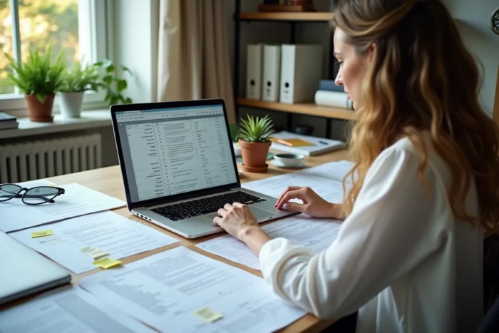 Une wedding planner coordonne tous les prestataires de mariage via un document de suivi unique sur son bureau